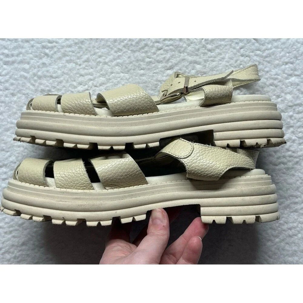 Sesto Meucci Sandals Womens 38 Cream Pebbled Leather Fisherman Chunky Lug-sole